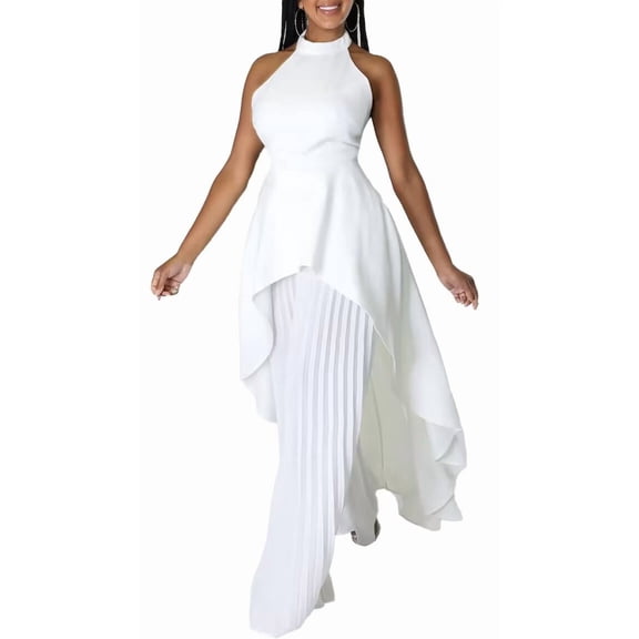 Women's 2 Piece Vacation Outfit Halter Crop Top and Tiered Ruffle Maxi Pants Set