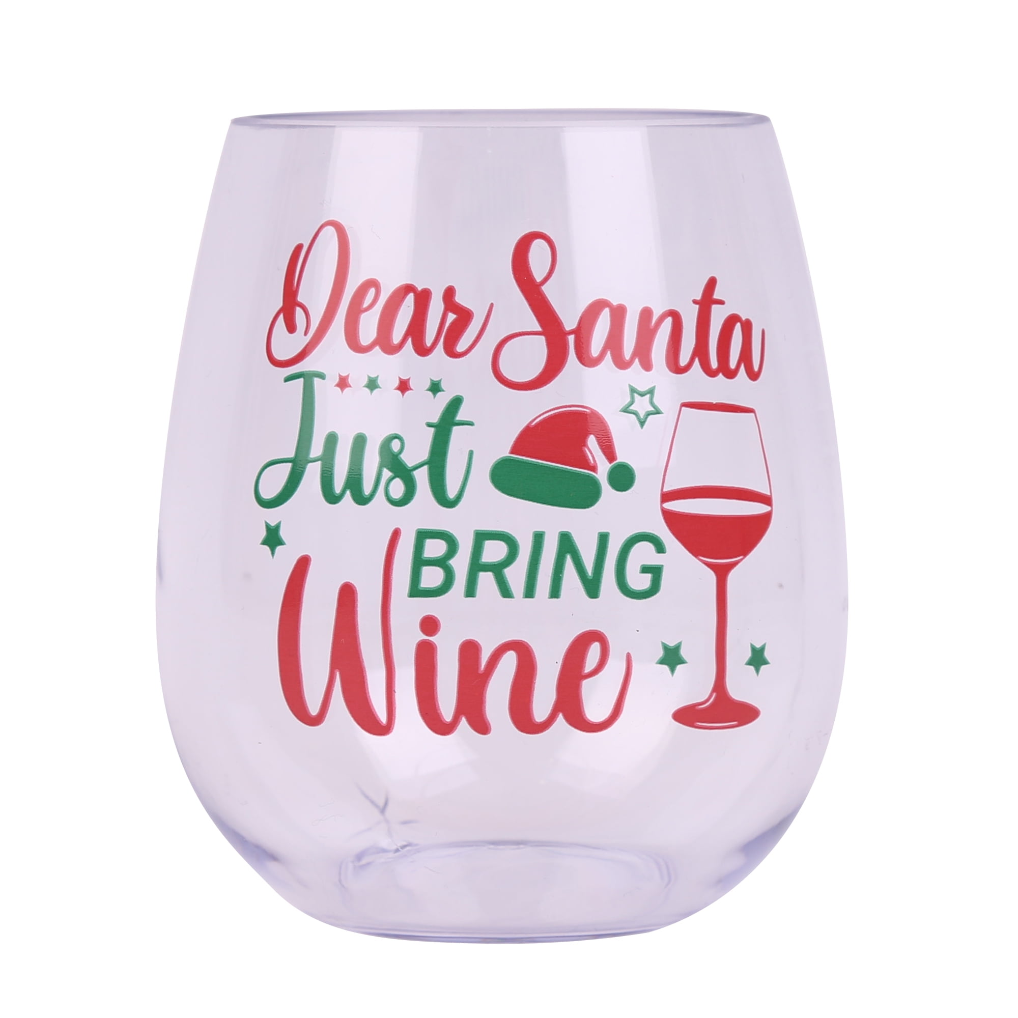 Holiday Time Santa Wineglass, Stemless Style, Clear with Pattern Printed, Cups,Christmas Party
