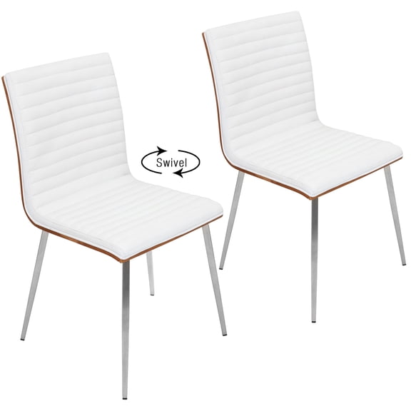 Mason Contemporary Dining/Accent Chair with Swivel in Stainless Steel, Walnut Wood, and White Faux Leather by LumiSource - Set of 2