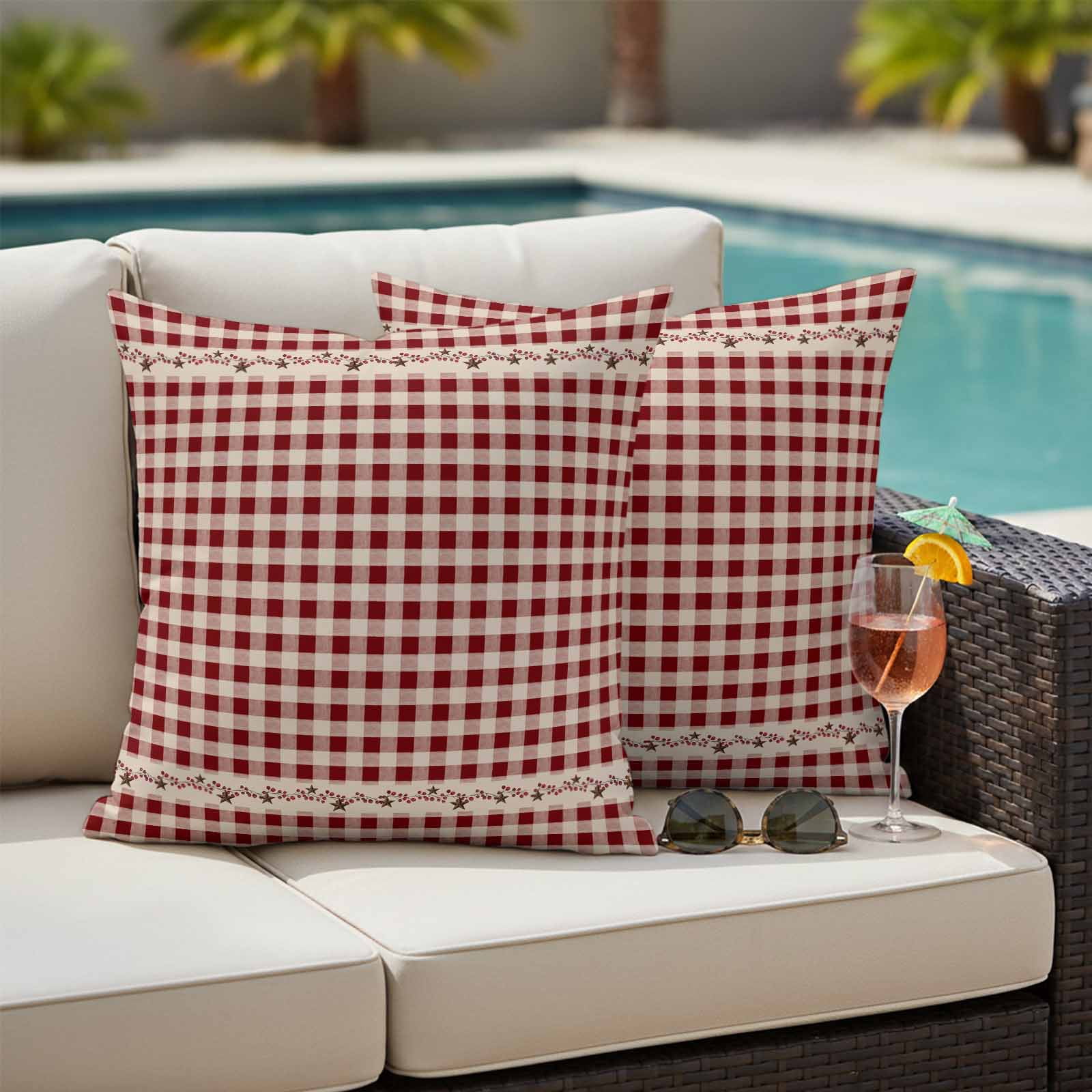 Country Star Plaid Outdoor Waterproof Pillow Covers, Retro Red American Farm Barn Berry Decorative Square Throw Pillowcase Sofa Cushion Sham for Patio/Couch/Chair, 18"x18" 2 Pack