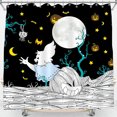 thumbnail image 1 of Whimsical Halloween Shower Curtain - Cartoon Ghost on Pumpkin, Bats & Moon, 1 of 4