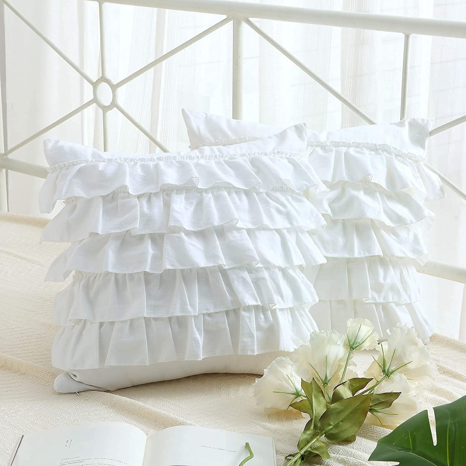 2-Pack Bright White Throw Pillow Covers with Waterfall Ruffles 5 Lays Cushion Cases Egypt Cotton 18"X18"Soft Boudoir