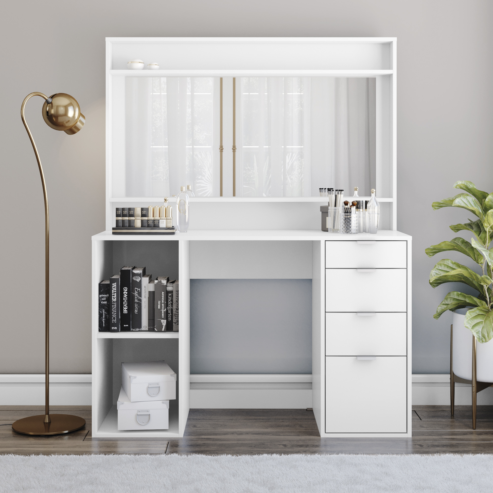 Kappesberg Sariana White Makeup Vanity Desk with Mirror and Drawers – 47.2'' Wide