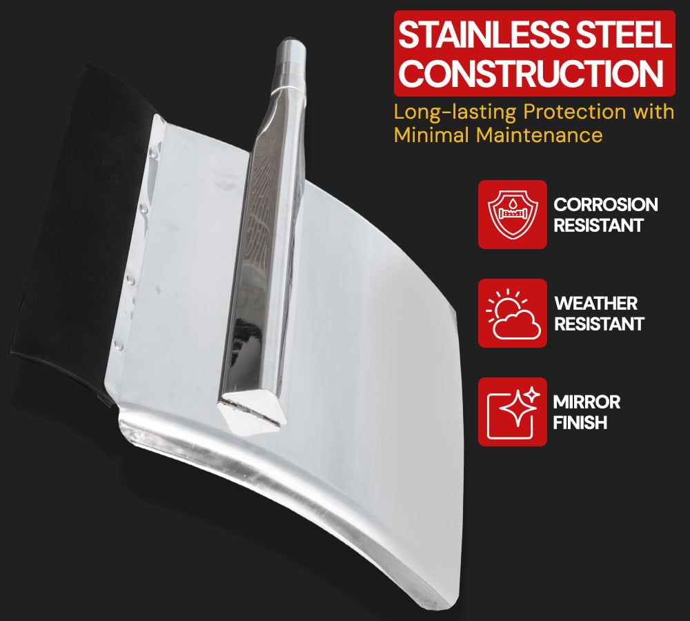 thumbnail image 2 of 24" x 29" Heavy-Duty Stainless Steel Quarter Fenders with Triangle Support Bracket, Polished Finish, Set of 2 for 18-Wheelers, Semi-Trailers & Class 8 Trucks, 2 of 12