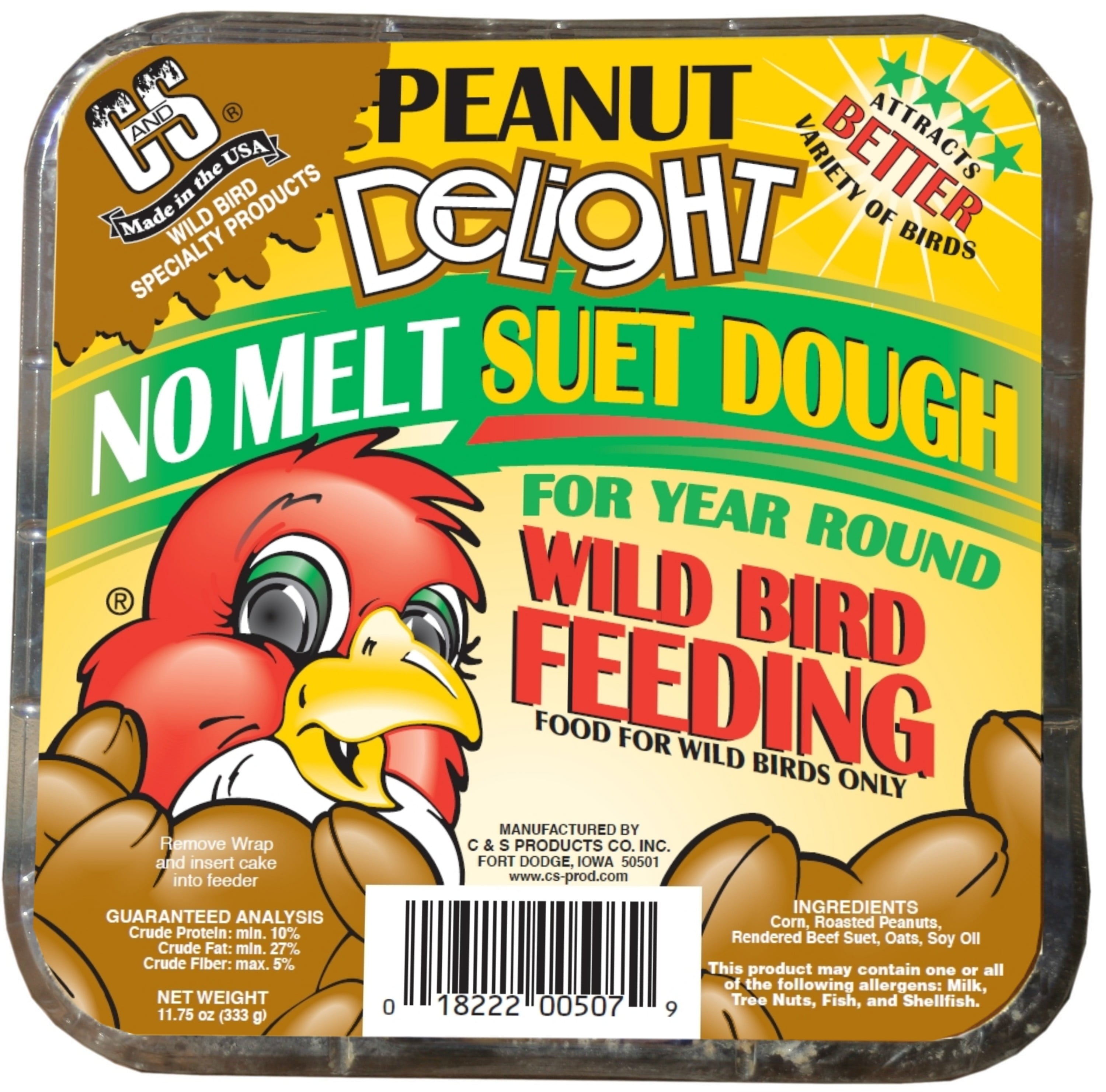 C&S Peanut Delight No-Melt Suet Dough, 11.75 oz Cake, Wild Bird Food