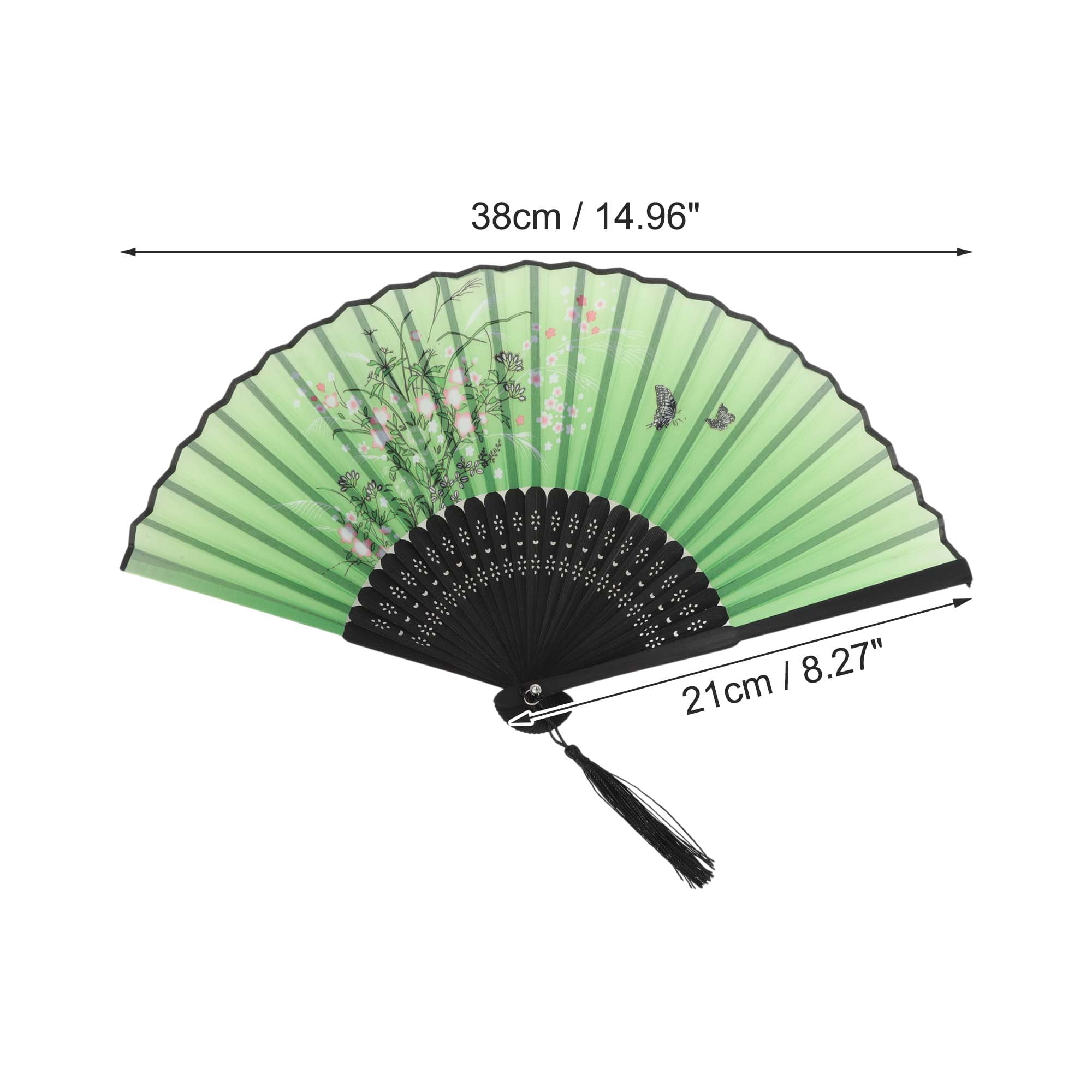 Unique Bargains Ancient Style Folding Fan 1Pc Green [Cherry Blossoms & Butterfly]