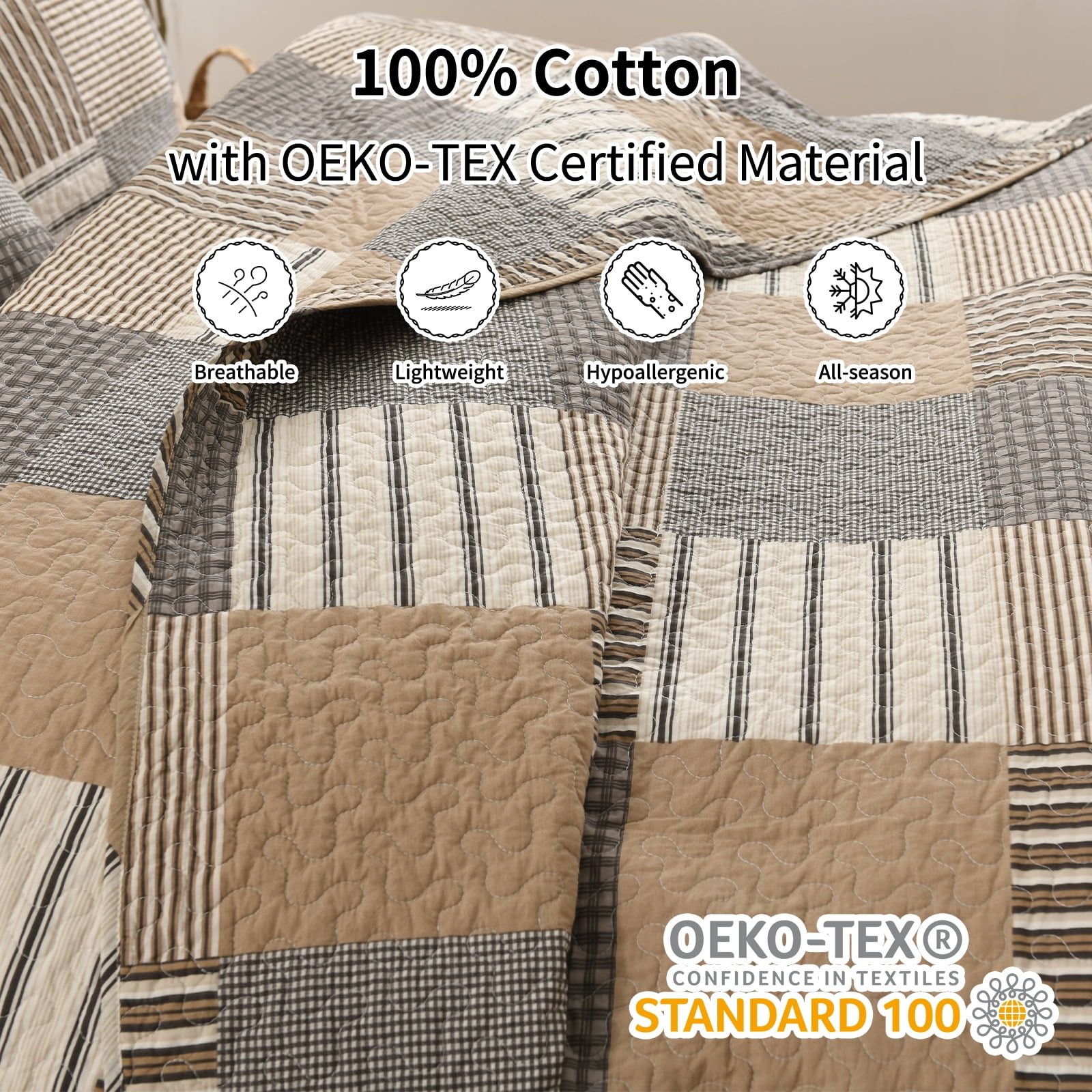Bedduvit Brown Plaid Queen Size Quilt - 100% Cotton Brown Gray Beige Farmhouse Quilts Bedspread for Queen Bed, Patchwork Cabin Rustic Lightweight Reversible Quilt Set, All-Season 3-Piece Bedding Set