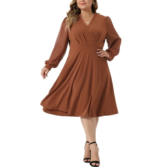 DARING DIVA Plus Size Swiss Dots Wrap V Neck Knee Length Dress 1X Caramel