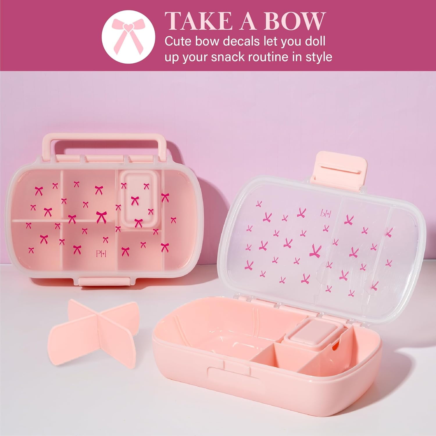 2-Pack Bento Style Snack Boxes, 7-Compartment Lunch Containers with Built-In Phone Stand, Removable Dividers and Dip Containers, Pink Bow Print