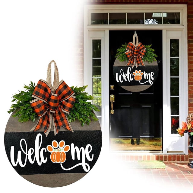 Halloween Wood Fall Wreaths for Front Door Decoration, Welcome Signs