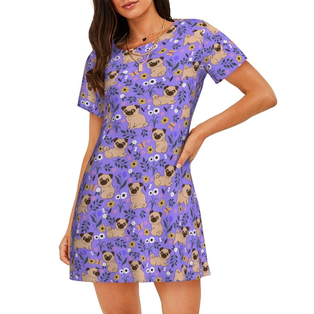 Easygdp Pugs and Flowers Camisón de manga corta para mujer, informal, estampado