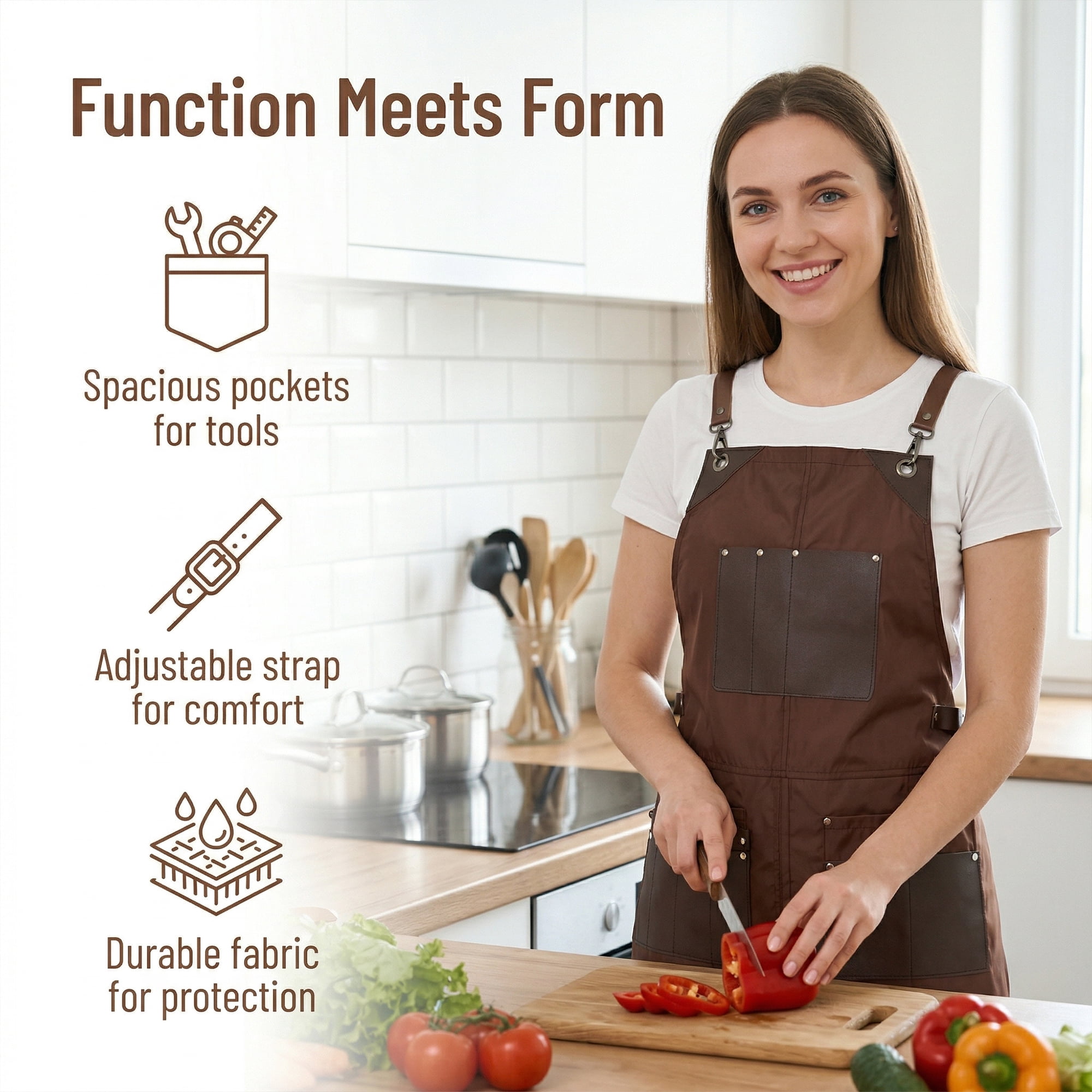 Unique Bargains Adjustable Long Waist Cooking Apron with Pocket for Home and Kitchen Brown