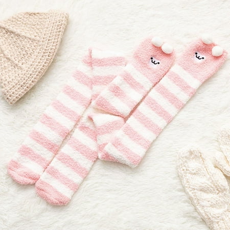

NEGJ Womwn Coral Socks Over The Knee Thicken Warm Sleeping Towel Striped Socks