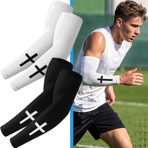 2 Pairs Arm Sleeves for Adult Men Women, Cross Print Oversleeve, Polyester Compression Cooling Arm Sleeves Football Running Cycling Basketball Baseball Outdoor Activities (Black, White)