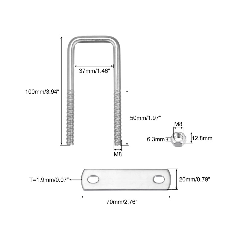 Uxcell Square U-Bolt 4-Set – M8 Carbon Steel, 40mm Inner Width, With Nuts, Washers & Frame Plates