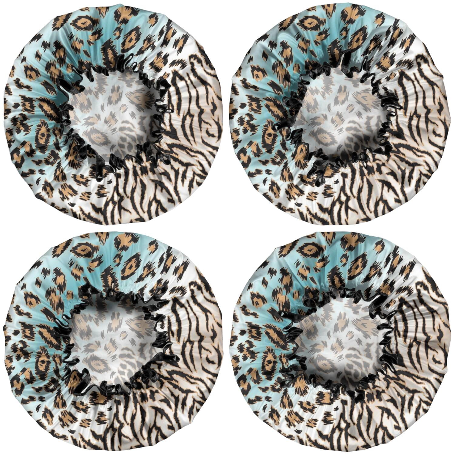 Shower Caps,Leopard and Tiger Pattern Waterproof Shower Cap for Women 4 Pieces,Double Reusable Hair Cover for Shower PEVA Elastic Stretch Hem