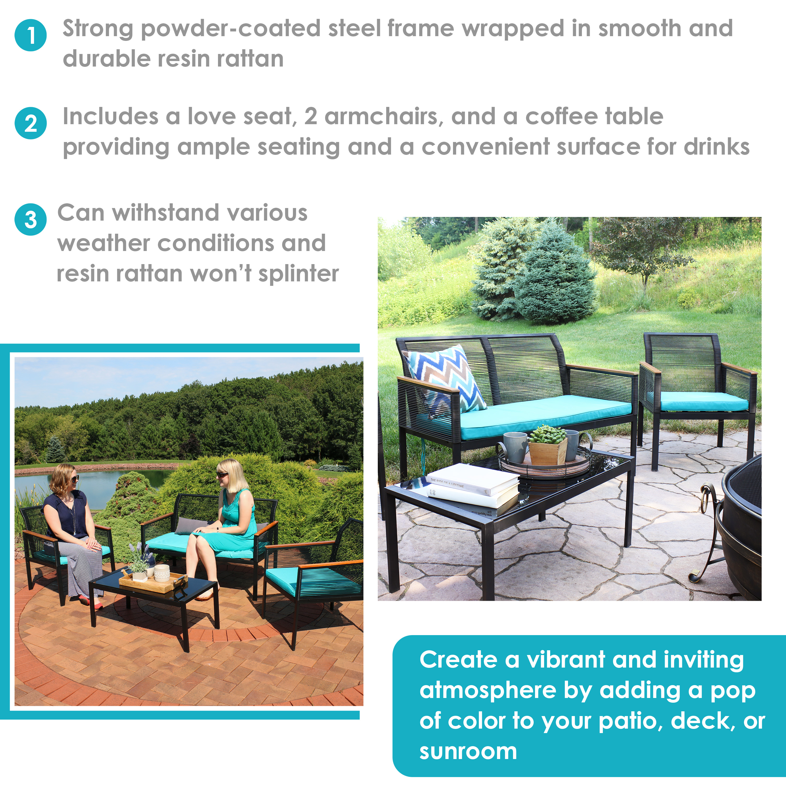 Sunnydaze Coachford 4-Piece Black Resin Rattan Outdoor Patio Furniture Set - Blue Cushions - image 4 of 10