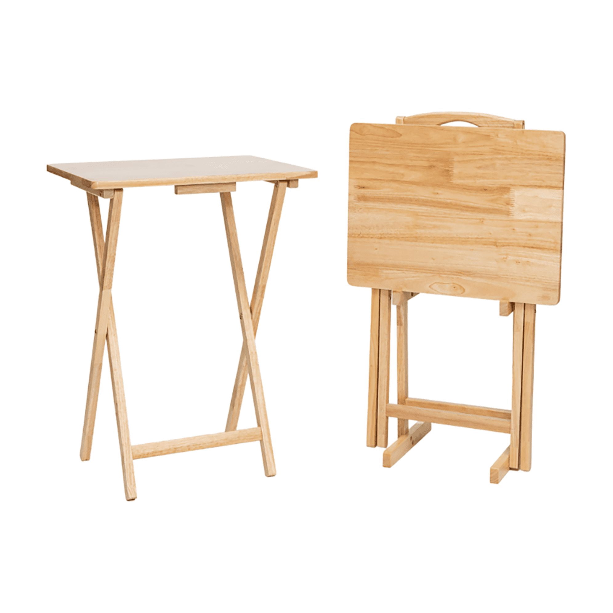 (2 pack) Mainstays TV Tray Table Set, 3-Piece with 2 Folding Rubberwood Trays and Storage Rack, Natural