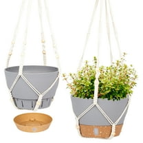 QCQHDU 2 Pack 10 inch Plastic Gray Hanging Planters with 3 Hooks, Hanging Plant Pot Basket with Drainage Hole for Garden Home