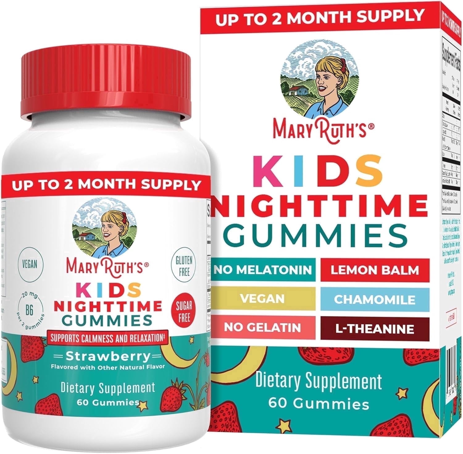 (3 pack) MaryRuth's Kids Nighttime Sleep Gummies Sugar-Free Strawberry Flavor with Vitamin B6 and L-Theanine Dietary Supplement 60 Count