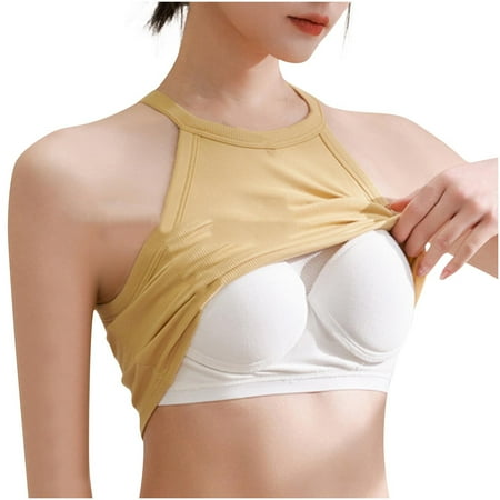 Women s Crop Sport Tank Top with Built in Bra Knitted Cotton Halter Neck Tank Sleeveless Backless Crew Neck Tank Top Summer Short Gym Yoga Vest