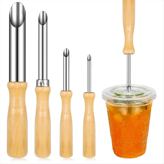 4 Sizes Straw Punch with Wooden Handle, Round Hole Making Tool for Cafe Beverage Lemonade 2Xk6798
