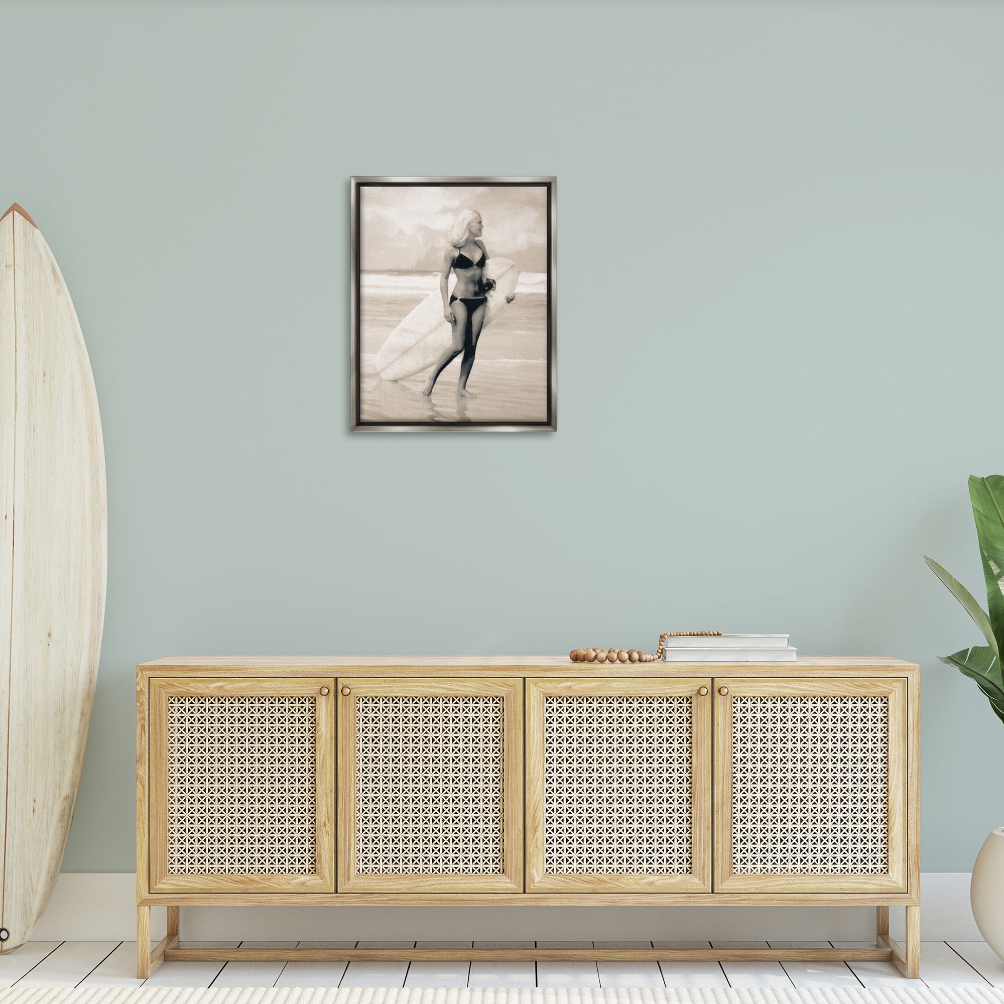 Stupell Industries Surfing Woman on Shore Sports Painting Gray Floater Framed Canvas Art Print Wall Art, 25 x 31