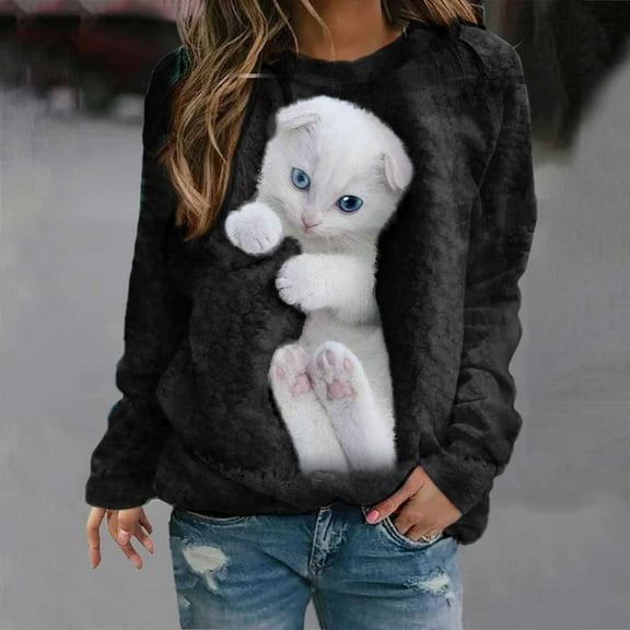 Womens Crewneck Sweatshirts Long Sleeve Cute Cat Printed Tops Fall Fashion Pullover Shirts 2025