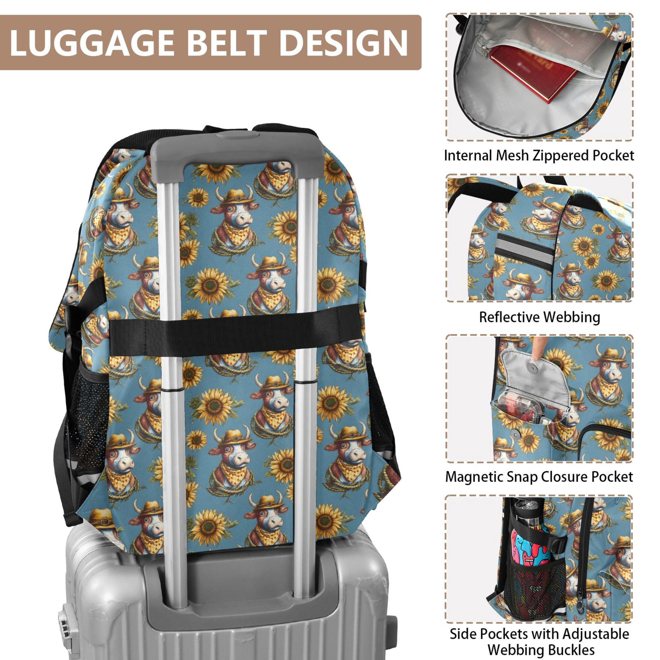 ALAZA Cow with Hat Sunflowers Print Student Backpack School Bookbag Large Laptop Daypack Travel Bag