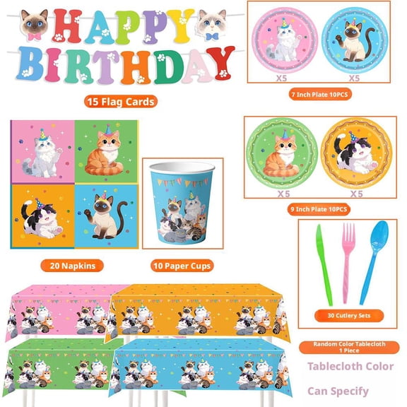 Cat Birthday Party Supplies Kit, 10 Guests All-inclusive Decorations & Tableware Set with Hanging Ornaments, Banner, Balloons, Tablecloth for Themed Celebration