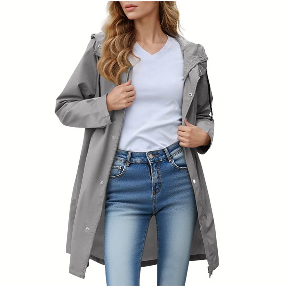 UPPADA Rain Trench Coat Women with Hood Waterproof Trench Coat Long Button Down Windbreaker Classic Lapel Overcoat with Removable Hood Gray,S