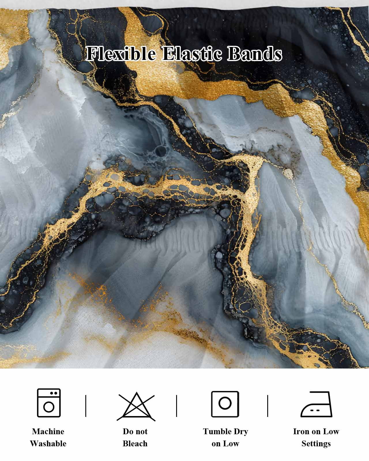 Black Golden Marble Wrap Around Bed Skirts for Queen Bed 16" Drop,Bed Skirt with Adjustable Elastic Belt Dust Ruffle Bed Valance for Bedroom Hotel Luxury Modern Ink Painted Aesthetics Bed Frame Cover