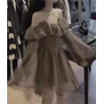 thumbnail image 2 of Spring 2024 New Pure Lust Style Coffee Color Light Hot Girl Bell Sleeve Slash Shoulder High Waist Long Sleeve Dresses FJH, 2 of 6