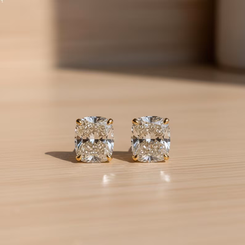 thumbnail image 4 of Solitaire Cushion Cut Diamond Stud Earrings, Minimalist Wedding Stud Earrings, Diamond Anniversary Gift, Elegant Bridal Jewelry, Engagement Studs., 4 of 4