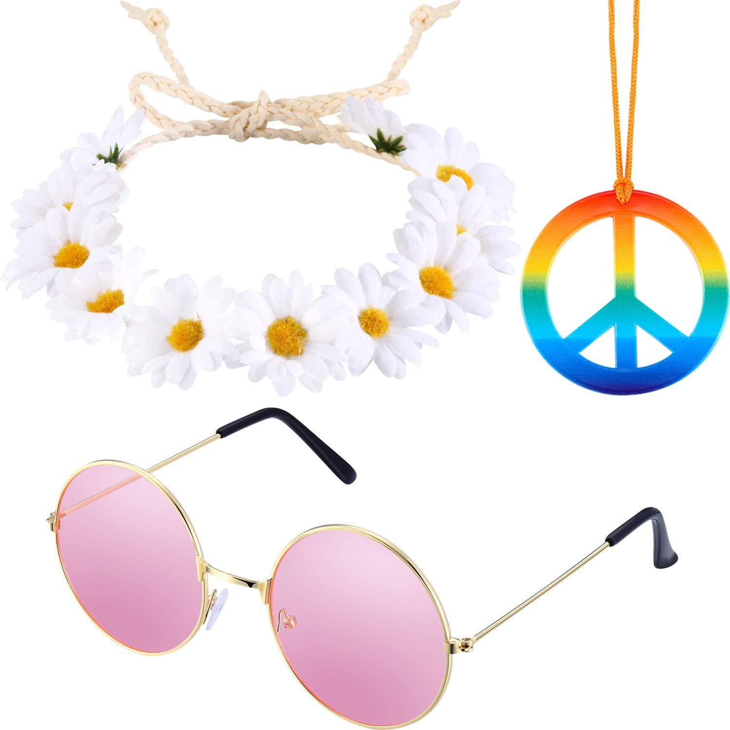 3 Pieces Hippie Costume Set Includes Rainbow Peace Sign Necklace ...