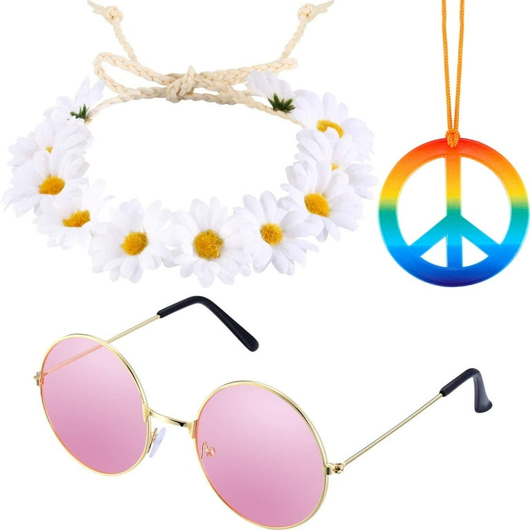 3 Pieces Hippie Costume Set Includes Rainbow Peace Sign Necklace, Flower  Crown Headband and Hippie Sunglasses 60s 70s Dressing Accessory for Women  Men 