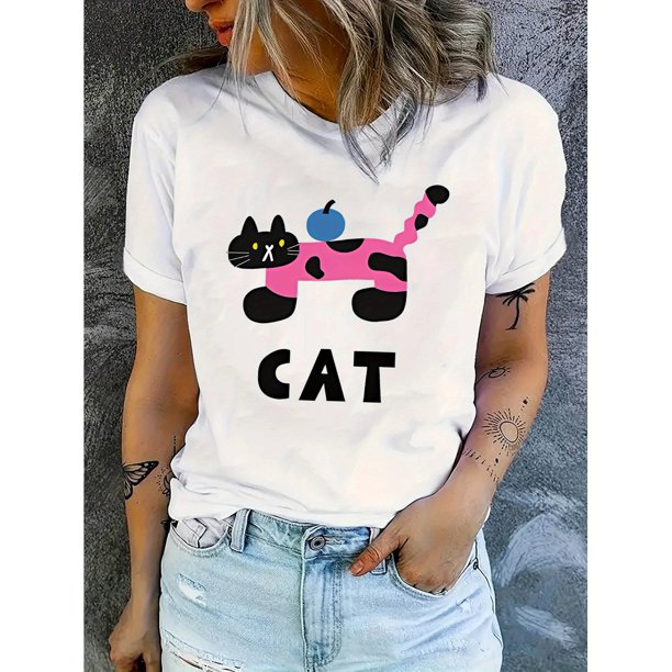 Women'S Casual Crew Neck T-Shirt, Polyester Blend, Medium Stretch Knit Fabric, Animal Pattern, with Pink Cat Graphic, for All-Season Comfort Tee