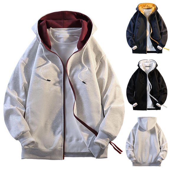 Hrsba Zip Up Jacket Men Solid Color Color Block Hooded Sweatshirt Long Sleeve Zipper Pocket Casual Outerwear
