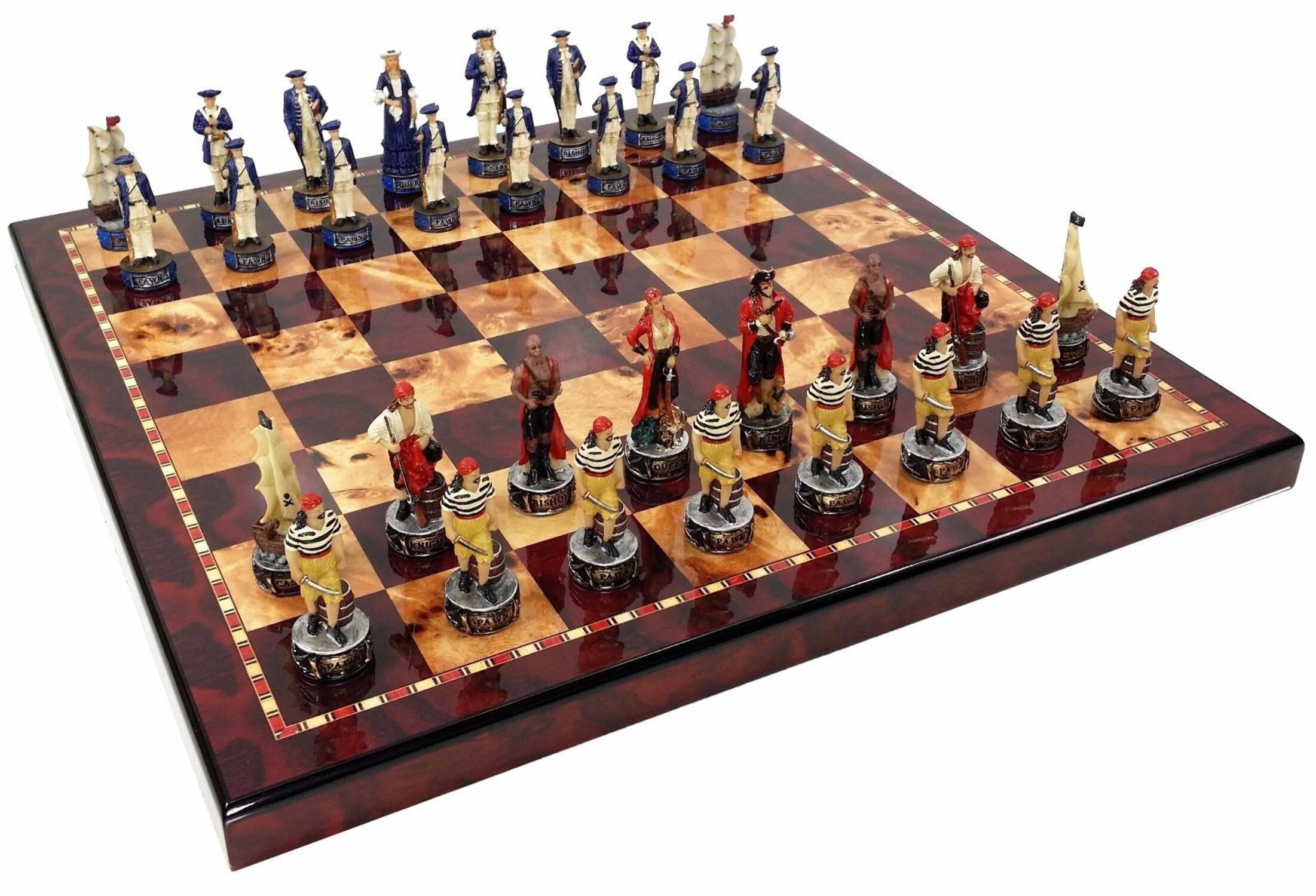 Pirates Vs Royal Navy Pirate Chess Set W 18" Cherry  Burlwood Color Board