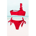 thumbnail image 4 of Meloria Swim and Fashion Pure Red Color Padded One Shoulder Ruffle Tied Sexy Two-Piece Swimwear, 4 of 5