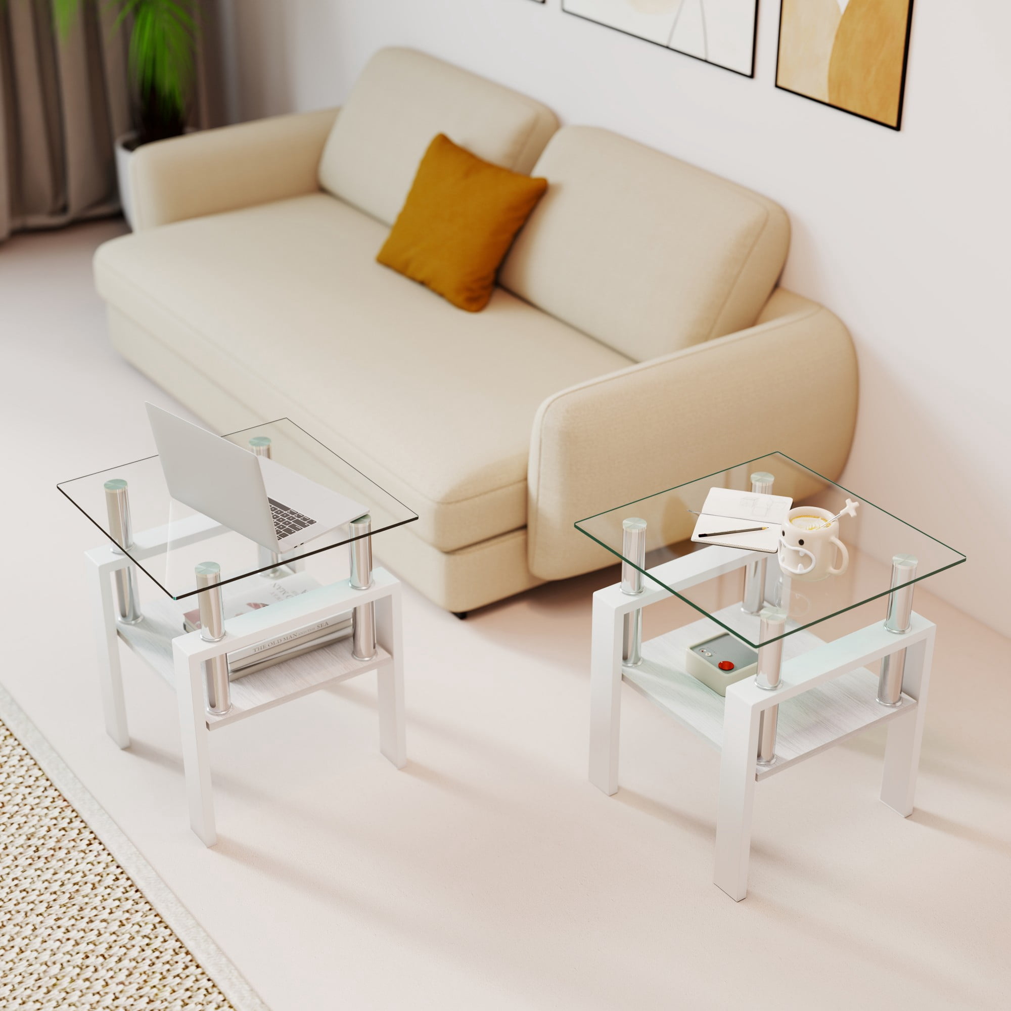 Euroco Set of 2 Modern Tempered Glass Tea Table,Tempered Glass Tabletop with MDF Layer,Coffee Table,End Table, Square Table for Living Room, Transparent/white