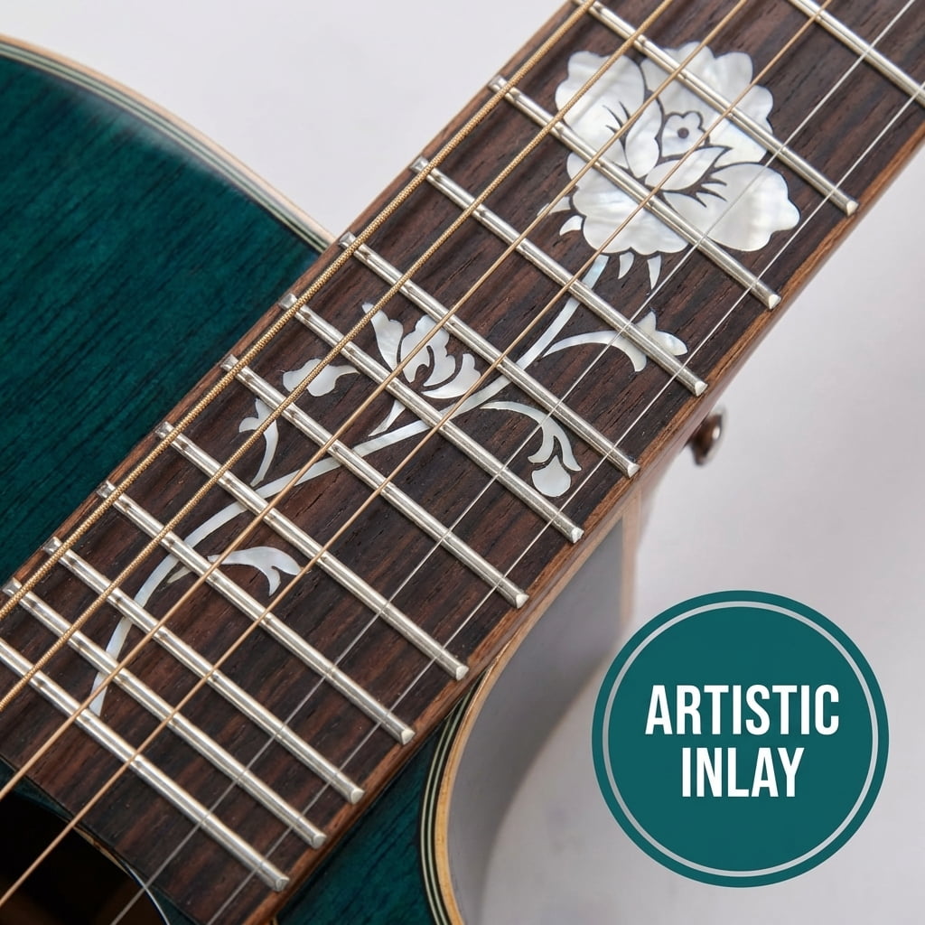 40 Inch GA Cutaway Acoustic Guitar with Pickup - Solid Spruce Top, Rosewood Laminated Back/Sides, Transparent Blue Finish & Genuine Shell Rose Inlay