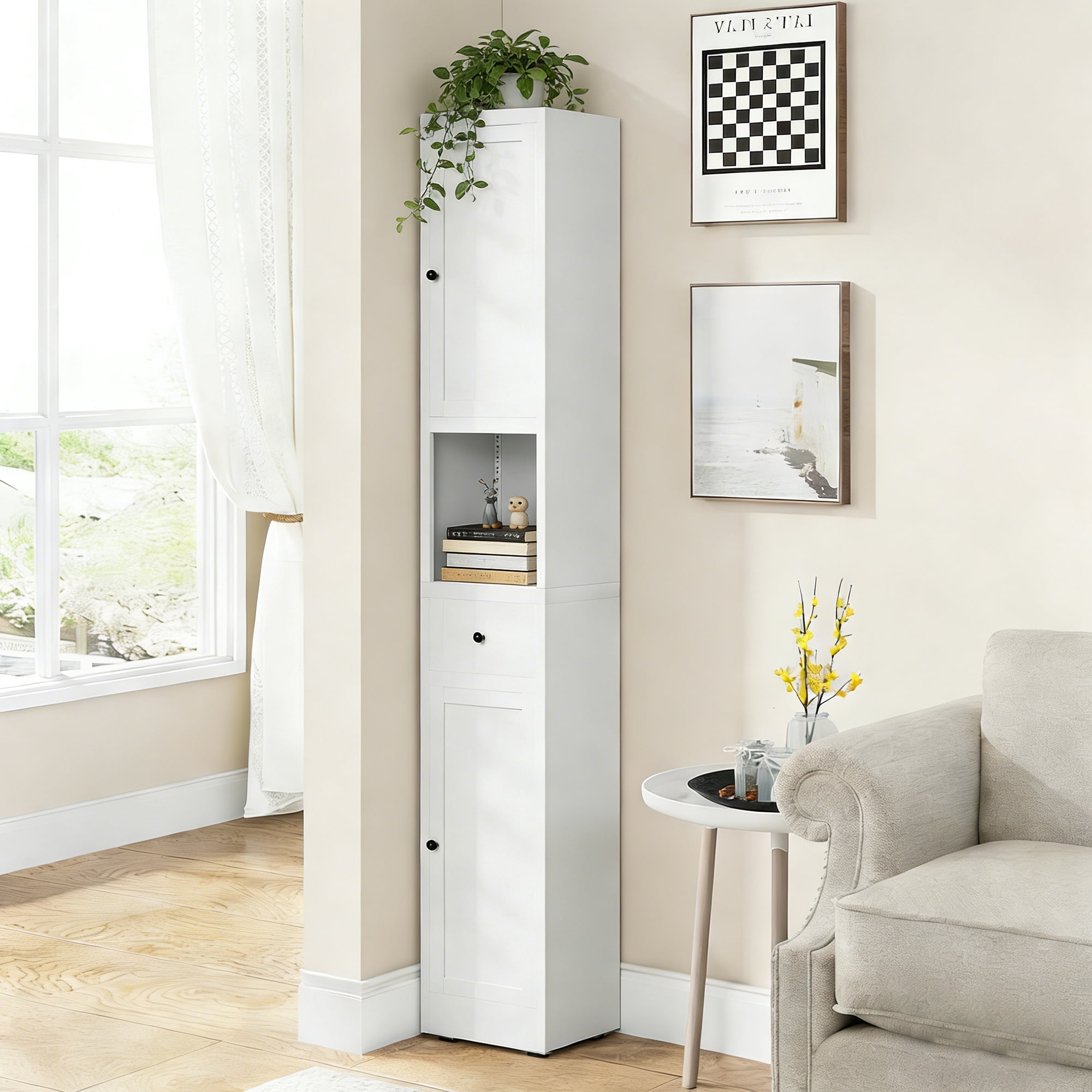 Leumius 71 Inch Tall Bathroom Storage Cabinet,Freestanding 5-Tier Narrow Metal Cabinet with 2 Doors & Adjustable Shelves for Kitchen Living Room Bathroom,White