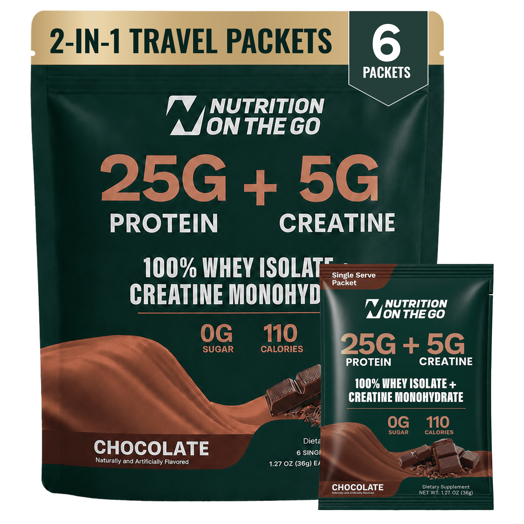 Nutrition On The Go Whey Protein Isolate + Creatine Travel Packets, Chocolate, 6 Count