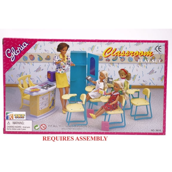 Gloria Classroom Doll Furniture Set with Locker, Desk, and Chairs, Fits 11.5" Dolls, 7 piece