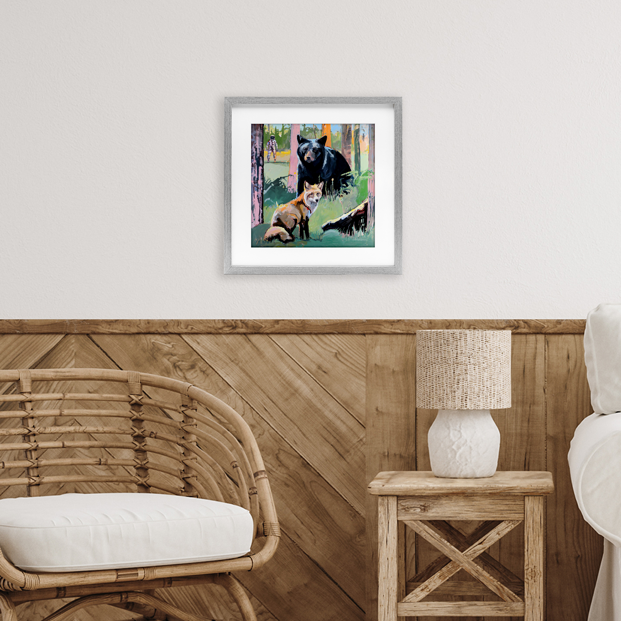 Forest Animals in Deep Space Gray Framed Print Under Glass, design by Adam Swanson