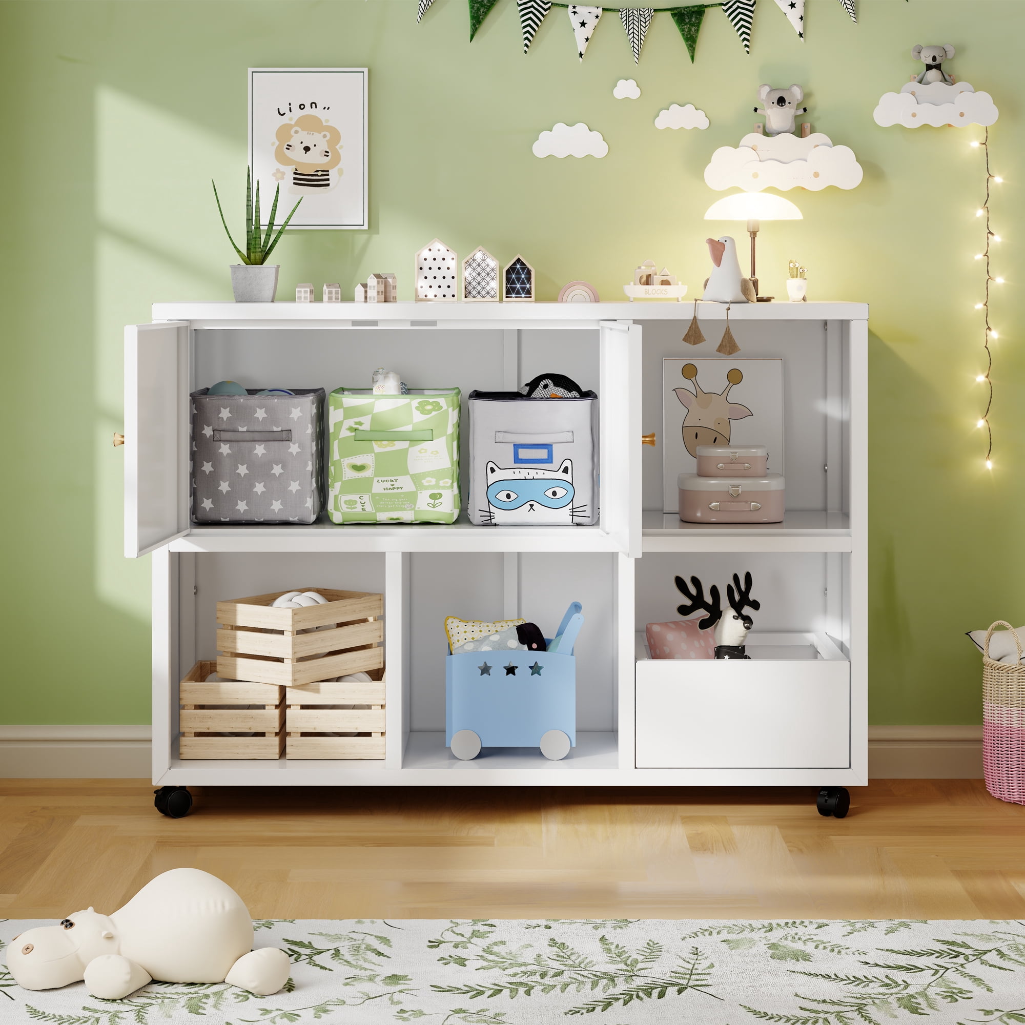 HOQBN Toy Storage Cabinet with 4 Wheels,Cubes Storage Bins Cubes with Open Cubbies & Closed Cabinets,Metal Storage Furniture for Playroom,Living Room,White