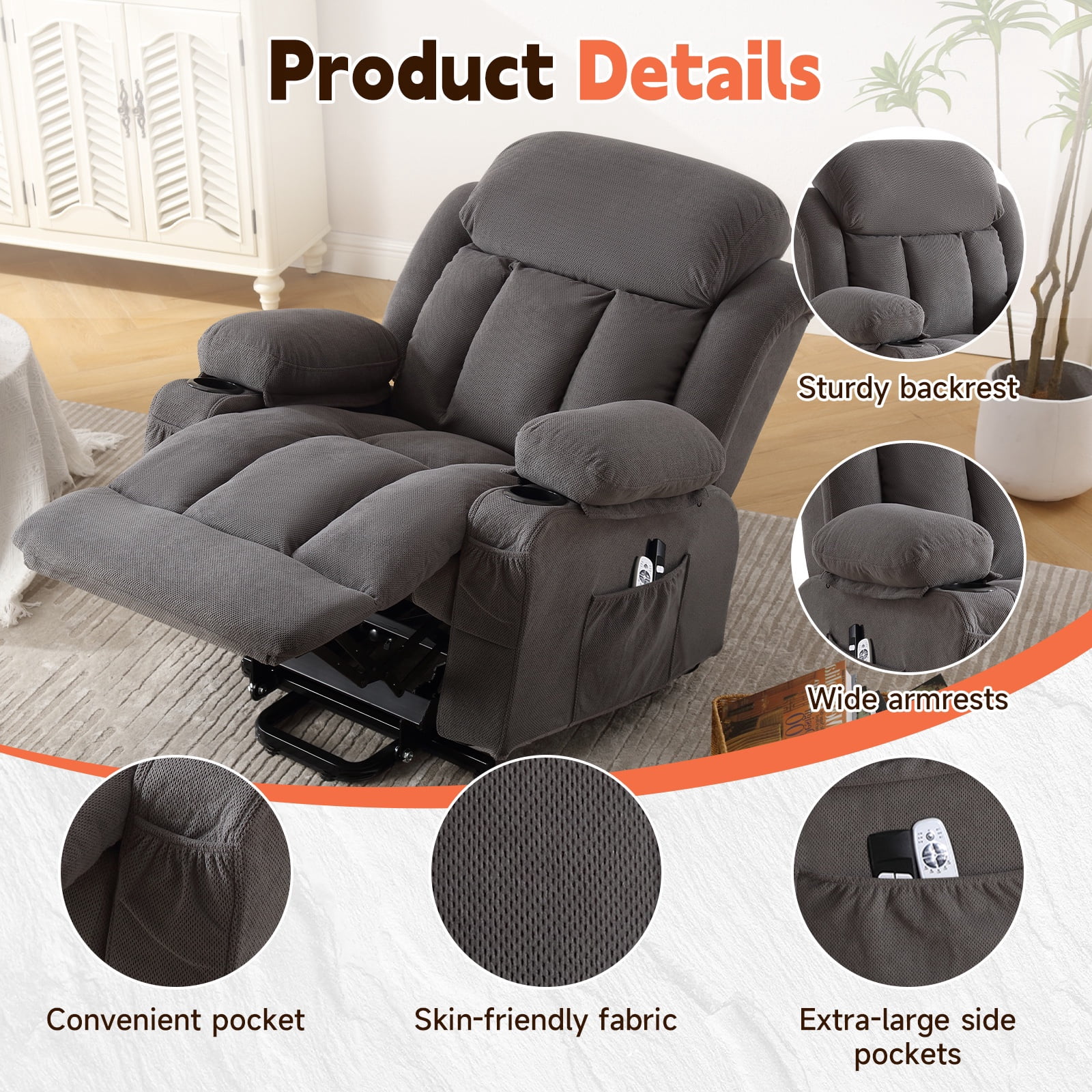 UHOMEPRO Lift Recliner Chair for Elderly and Adult, Electric Recliner with Heat and Vibration Massage, Remote Control, USB Port, Side Pockets & Cup Holders, Gray