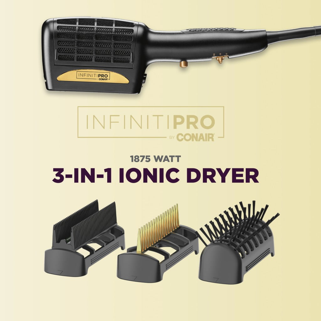 InfinitiPRO by Conair 3-in-1 Styling Hair Dryer, 1875W Hair Dryer And 3 Attachments For A Wide Variety Of Looks SD11GNX