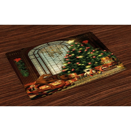 

Christmas Placemats Set of 4 Magical Vintage Ambiance Big Old Fashioned Window Xmas Tree Various Presents Washable Fabric Place Mats for Dining Room Kitchen Table Decor Brown Red Green by Ambesonne